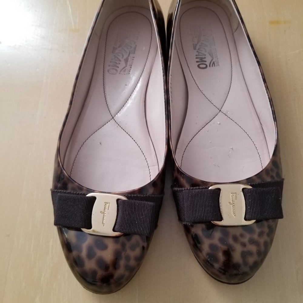 Ferragamo Leopard Print Patent Leather Ballet Flats